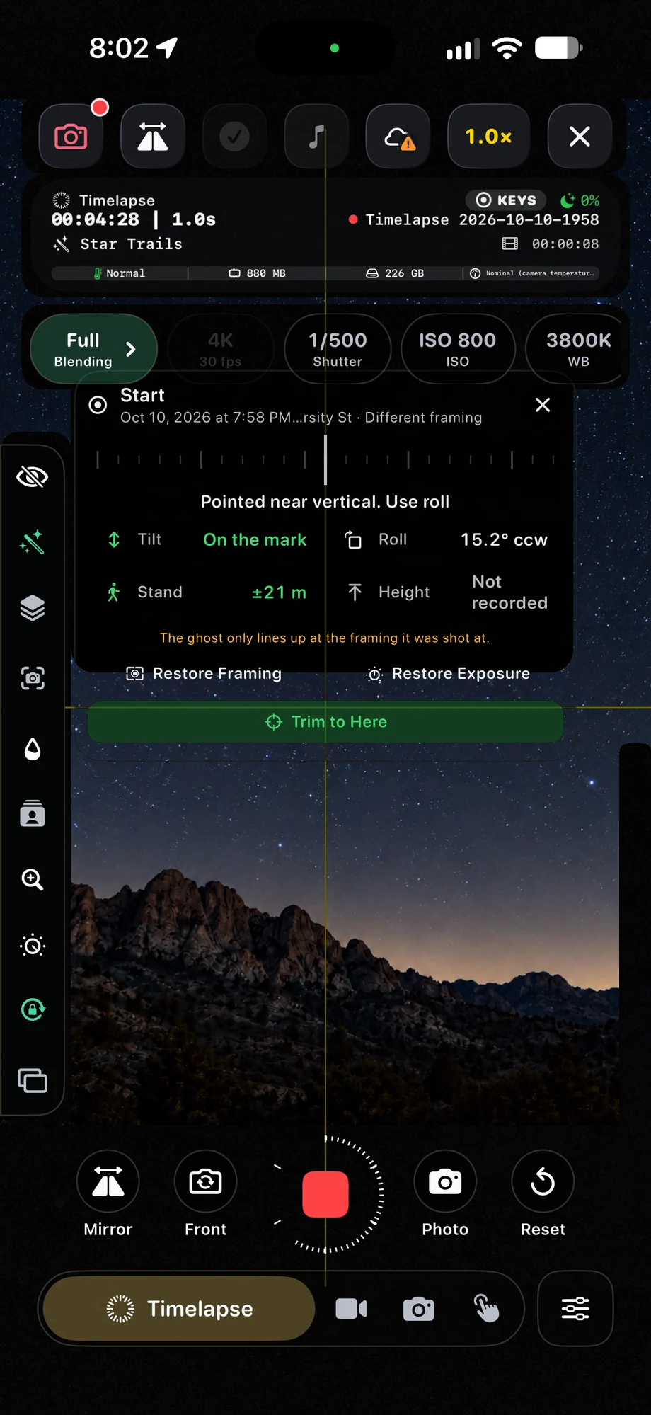 TimeLapsed Saved-position guidance for returning to the frame, with an illustrated scene beneath the captured camera controls