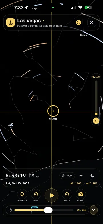 TimeLapsed Sun, Moon and star directions for the selected date
