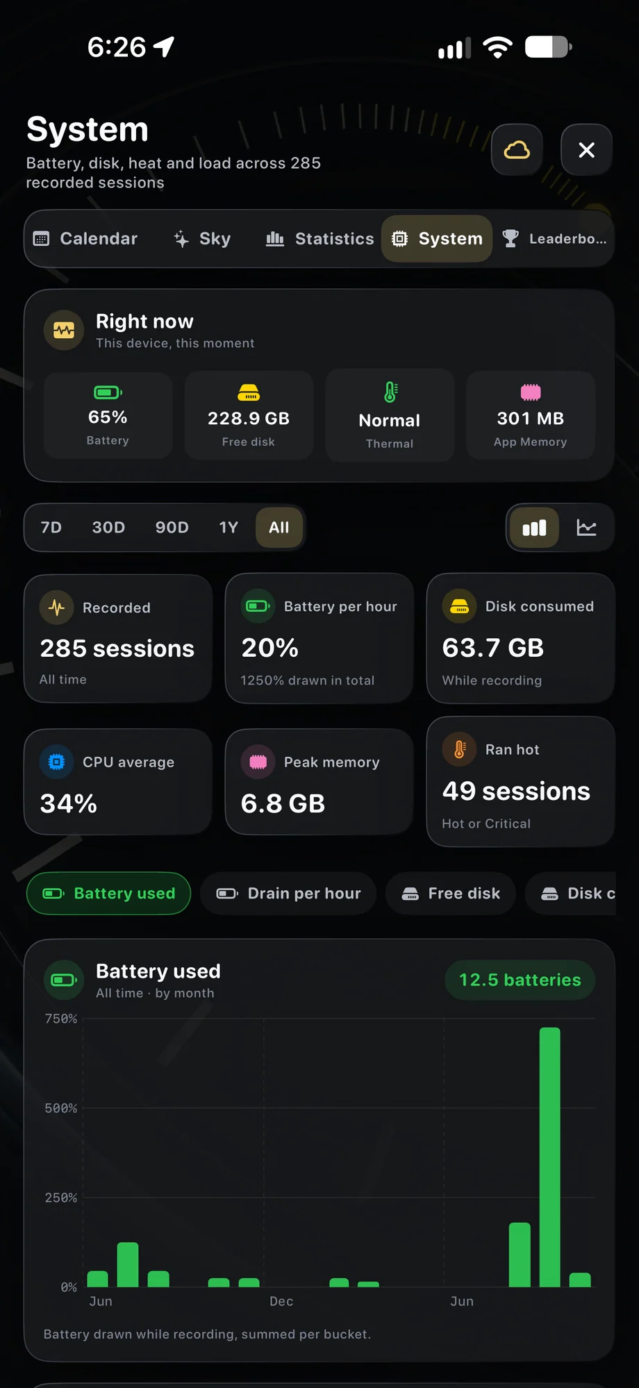 TimeLapsed Battery, memory and thermal-state statistics