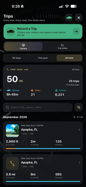 TimeLapsed Trip history and recorded journeys
