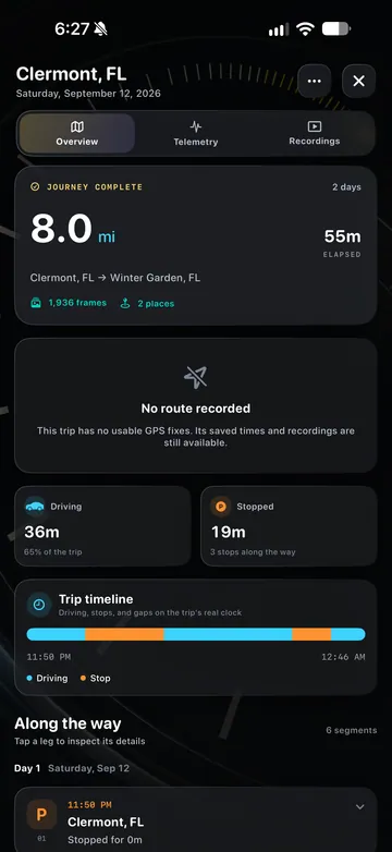 TimeLapsed Distance, timeline and places from a trip