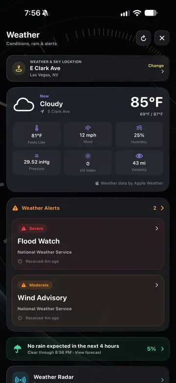 TimeLapsed Current conditions and weather alerts