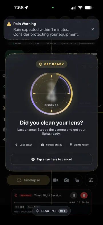 TimeLapsed Rain warning shown before a scheduled capture